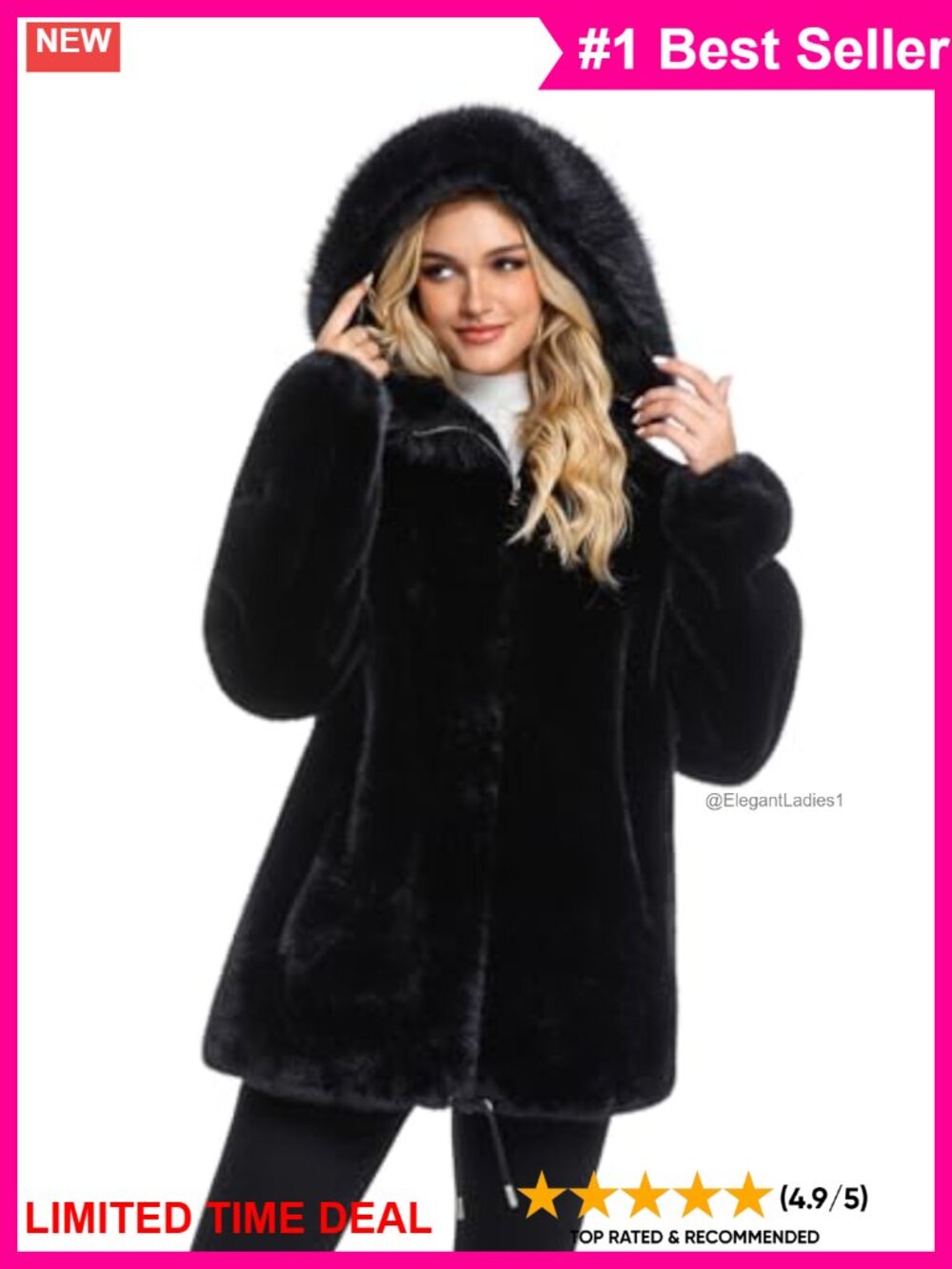 Faux Fur Fleece Hooded Zip Up Winter Coat Fuzzy Jacket